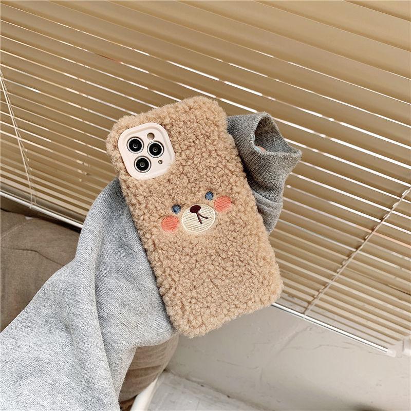 Cute Brown Bear Plush Phone Case For Iphone 14 11 12 13 Pro Max 7 8 X XS Max XR SE2 Autumn And Winter Shockproof Full Case Cover Cute Bear Animal Winter Warm Plush Fabric Phone Case