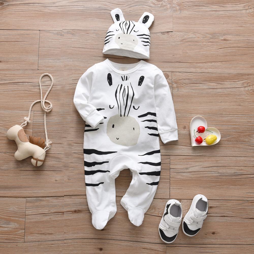 Newborn Baby Boys Romper Clothes Cotton Cute Cartoon Print Long Sleeve Jumpsuit Hat 2 Pcs