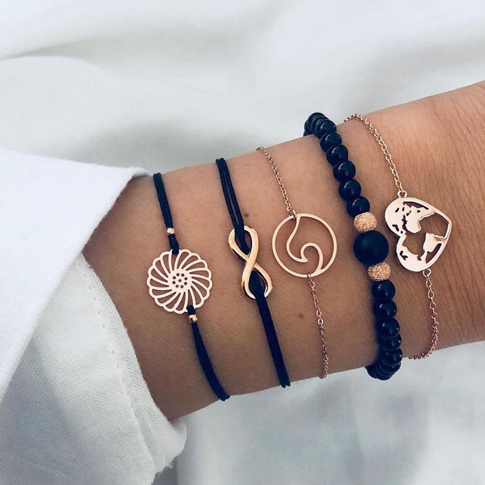 Fashion Bohemia Leaf Round Knot Cuff Bangle Gold Chain Charm Bracelet for Women Simple Geometric Bracelets Luxury Jewelry