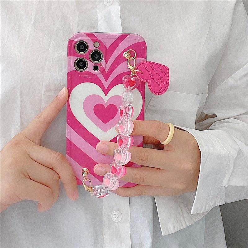 Cute Heart Chain Cute Case Luxury 3D Love Heart Wristband Girl Soft Case For iPhone 14 13 11 12 Pro Max 7 8 Plus Xr X Xs Silicone Phone Cover Cute Case Luxury Hearts Case Camera Cover Protective Soft Slim Girly Case Designed for iPhone