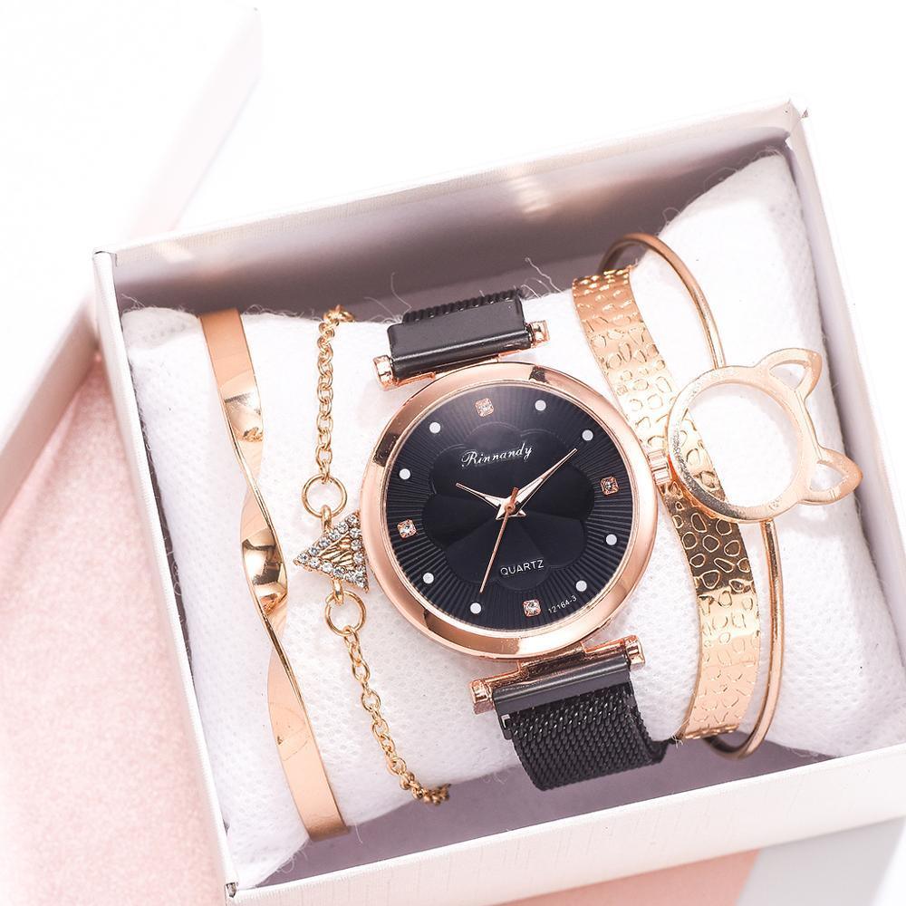 Fashion Set Women Watches Luxury Magnet Buckle Flower Rhinestone Watch Ladies Quartz Wrist Watch WIth Bracelet In Set For Women and Girls