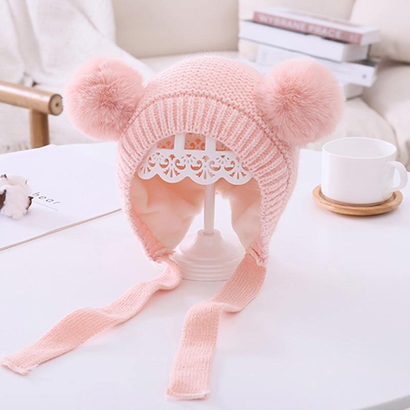 Handmade Modern Trend Winter Christmas Knitted Baby Hat Cute Double Pompom Infant Baby Boy Girl Cap Ear Protection Hats Kids Children Cap