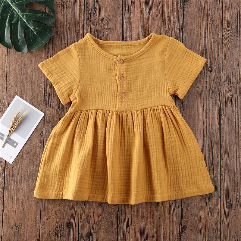 Kids Summer Cotton Linen Dress with Plain Short sleeve Party A-line dress For Small Girls 1-3 Years