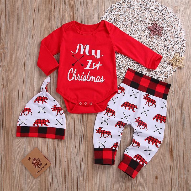 Casual New Baby Boy/Girl First Christmas printed Clothes Romper Trousers Hat Outfit Set