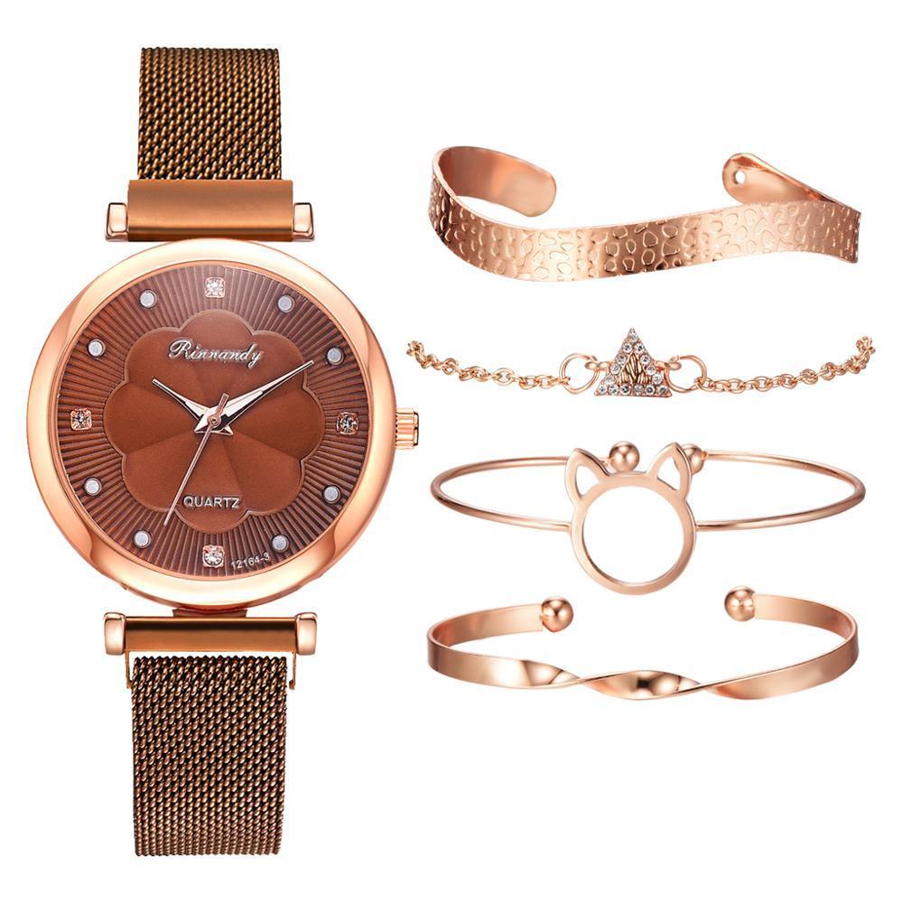 Fashion Set Women Watches Luxury Magnet Buckle Flower Rhinestone Watch Ladies Quartz Wrist Watch WIth Bracelet In Set For Women and Girls