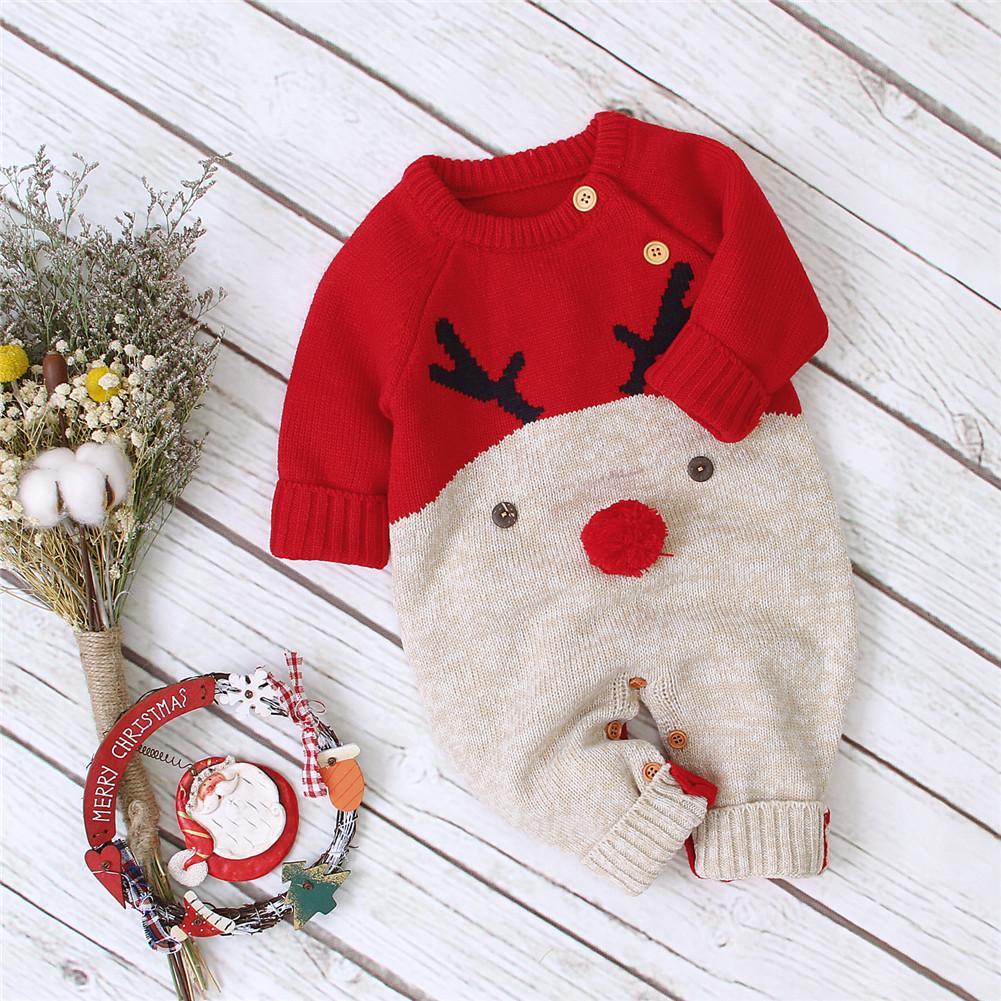 Baby Christmas Rompers Reindeer Knitted Jumpsuits Toddler Children Warm Wool Clothes 0-2Y For Boys and Girls Christmas Eve Costume