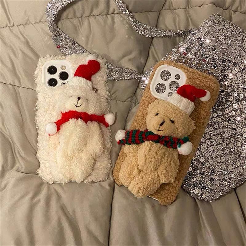 Cute Fluffy Santa 3D Teddy Bear Plush Christmas Case For Iphone 13 12 11 Pro Xs Max X Xr 7 8 Plus Se3 Shockproof Soft Cover Super Soft Winter Warm Funny Rabbit Ears Faux Fur Plush Fluffy Cover