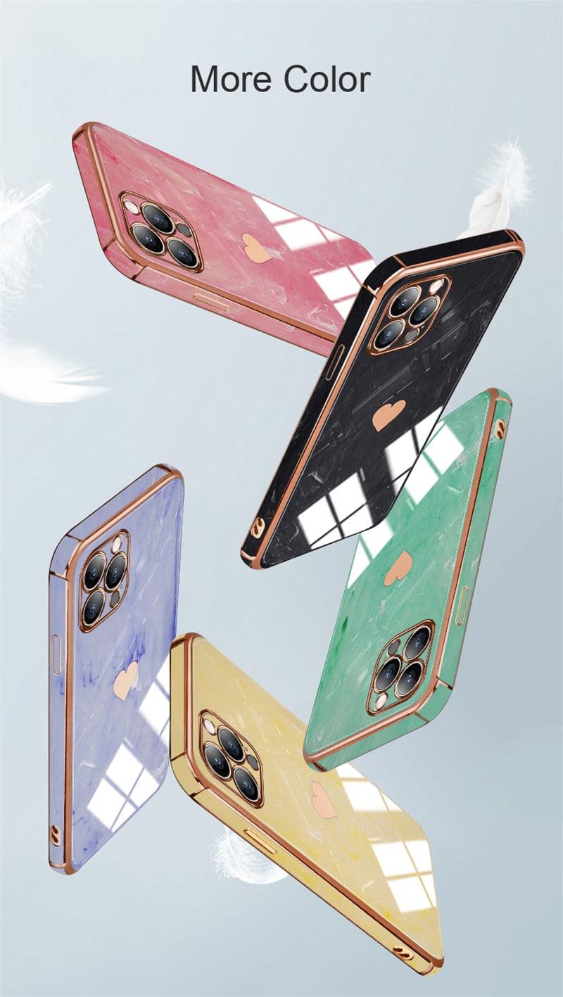 Luxury Shockproof Soft Case For iPhone 13 12 11 Pro Max XS XR X R 8 7 Plus iPhone12 12Pro iPhone11 Marble Texture Covers Luxury Love Phone Case Cute Side Small Heart Pattern Soft Shockproof Full Lens Case for iPhone