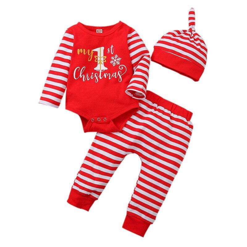 3PCS Romper Jumpsuits+Striped Pant Christmas Clothes Set Kids for Infant Boys/Girls In Christmas Printed Design