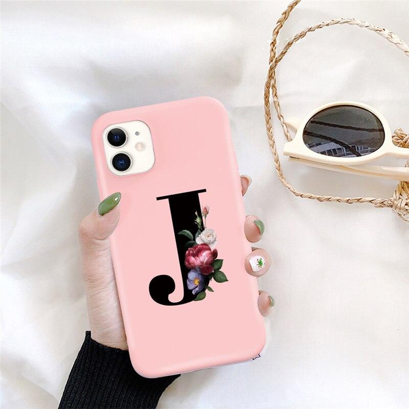 Initial Letter Silicon Phone Case For Iphone 12 Pro Max Retro Pink Flower Soft Back Cover Compatible With Iphone Case Soft Touch Cute Pink Silicone Back Cover For Iphone