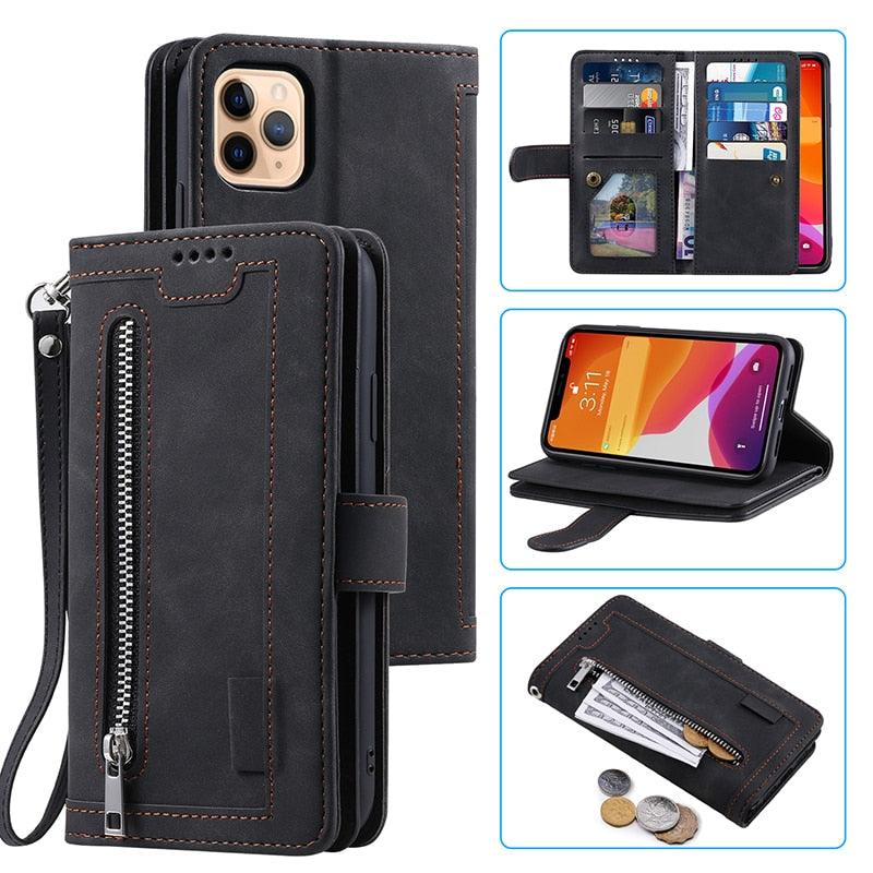 Business Blue New Cards Flip Leather Case For iPhone 14 13 12 11 Pro Max 10 X 6 6s 7 8 Plus XR XS Max Multifunctional Wallet Phone Case Multi-Card Wallet Leather iphone Case