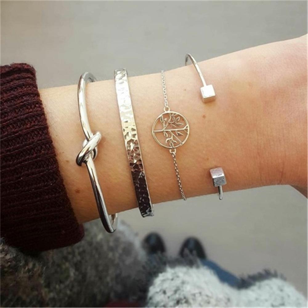 Fashion Bohemia Leaf Round Knot Cuff Bangle Gold Chain Charm Bracelet for Women Simple Geometric Bracelets Luxury Jewelry