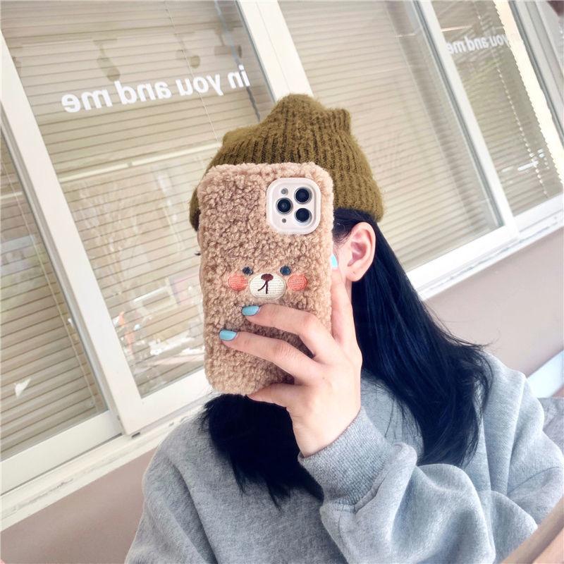 Cute Brown Bear Plush Phone Case For Iphone 14 11 12 13 Pro Max 7 8 X XS Max XR SE2 Autumn And Winter Shockproof Full Case Cover Cute Bear Animal Winter Warm Plush Fabric Phone Case