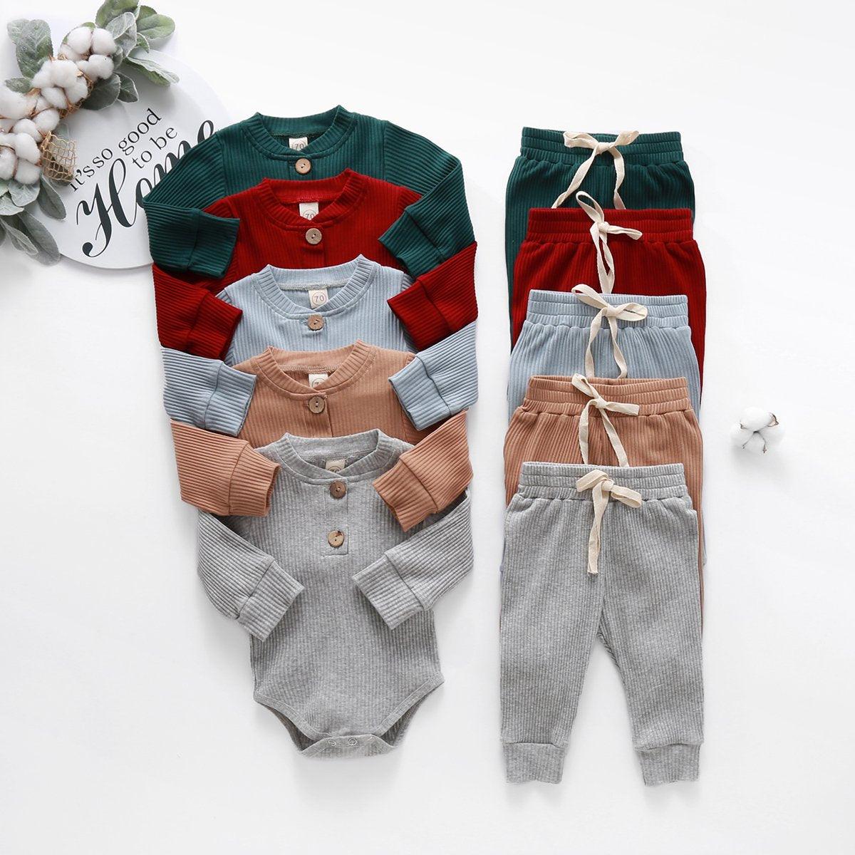 Infant Newborn Baby Spring Autumn Ribbed Solid Clothes Sets Long Sleeve Bodysuits , Elastic Pants 2PCs