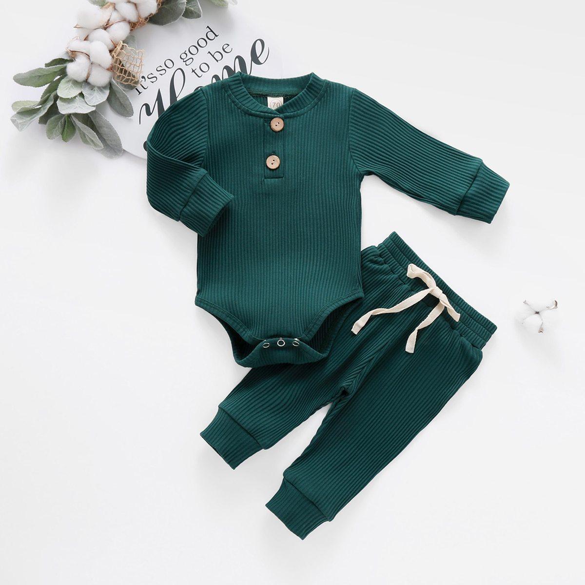 Infant Newborn Baby Spring Autumn Ribbed Solid Clothes Sets Long Sleeve Bodysuits , Elastic Pants 2PCs