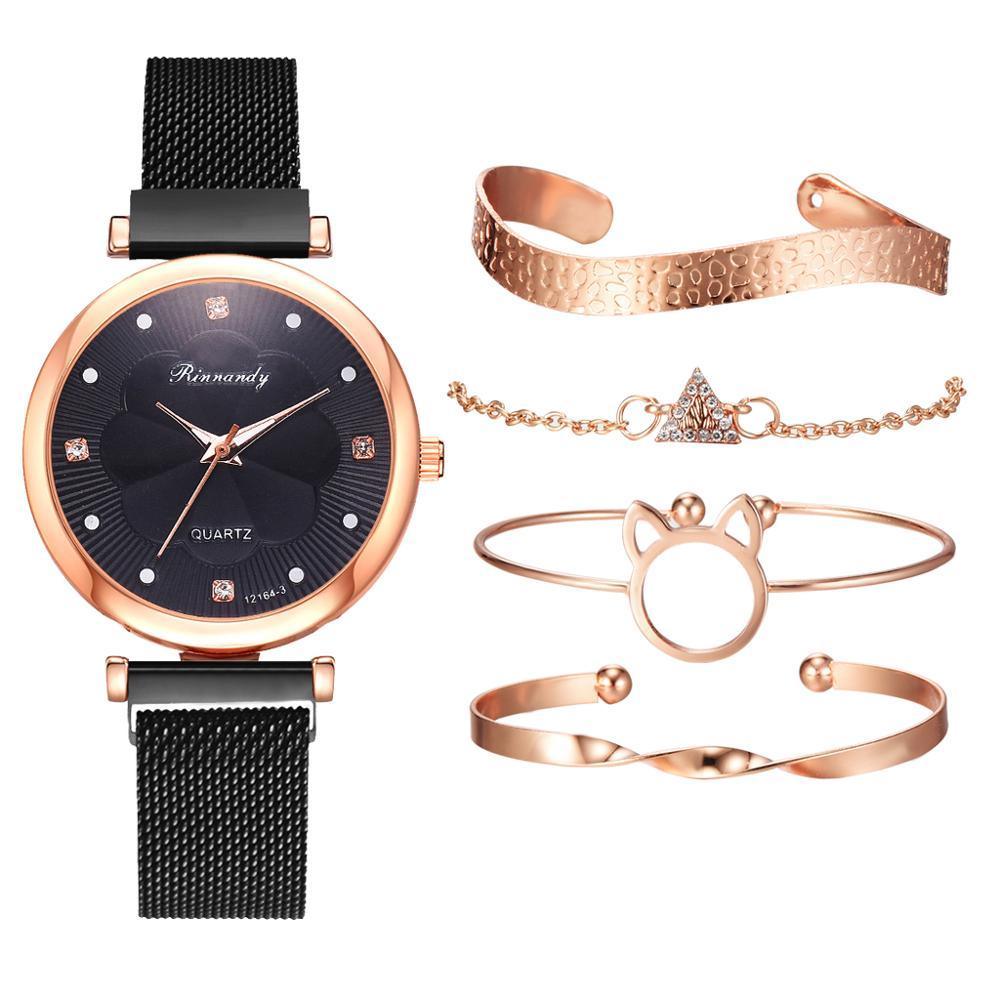 Fashion Set Women Watches Luxury Magnet Buckle Flower Rhinestone Watch Ladies Quartz Wrist Watch WIth Bracelet In Set For Women and Girls