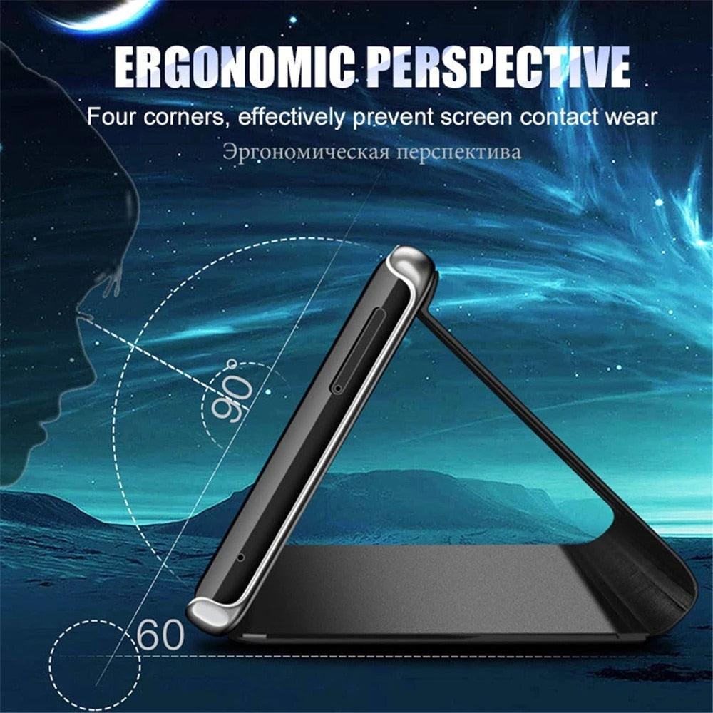 Smart Flip Phone Case For iPhone X XR XS 5 5S SE 7 8 6 6S Plus 11 12 13 Mini Pro Max 2020 Mirror Window Standing Holder Cover Mirror Screen Smart Plating Case 360 Full Body Ultra Thin Intelligent Protective Case