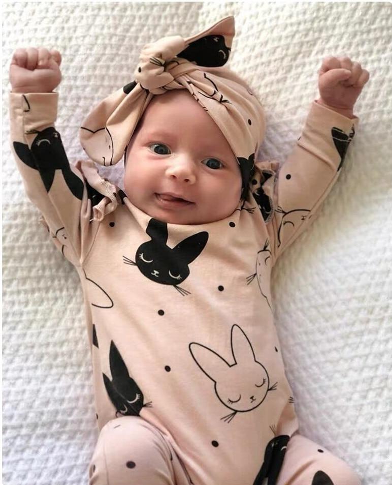Modern Baby Girls Romper Cartoon Rabbit Pattern Cotton Long Sleeve Jumpsuit+Headband Outfits Set Jumpsuit With Bow