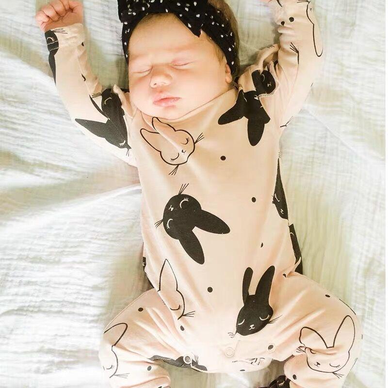 Modern Baby Girls Romper Cartoon Rabbit Pattern Cotton Long Sleeve Jumpsuit+Headband Outfits Set Jumpsuit With Bow