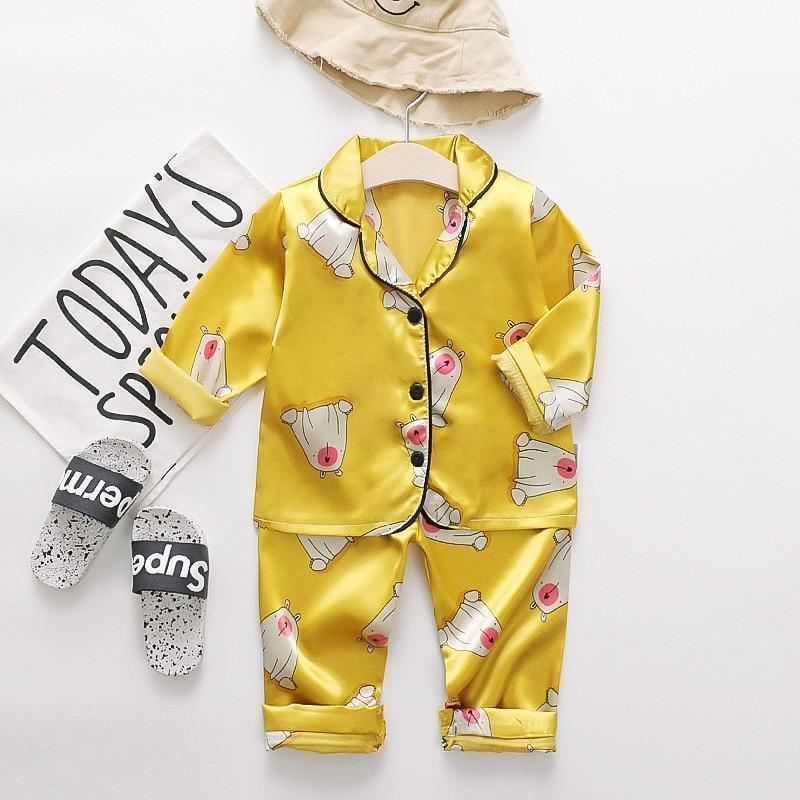 Luxury Modern Children's Pajamas Set Baby Suit Toddler Boys and Girls Ice Silk Satin Cartoon Printing Tops Pants Set Home Wear pajams for Kids