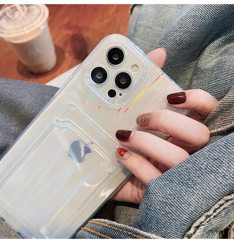 Gradient Rainbow Charming Case For iPhone 13 11 12 Pro Max XS XR 7 8 Plus Transparent Cover with Wallet Card Holder Case Soft Cover for iPhone
