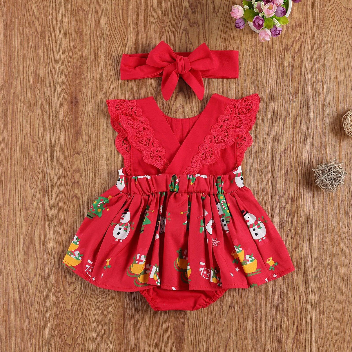 Baby Girls Bodysuits Dress Lace Ruffles Short Sleeve Cartoon Print Jumpsuits Headband