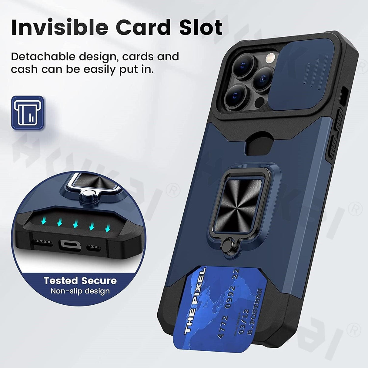 Slide Camera Cover Kickstand Card Wallet Case for iPhone11 X XS 8 Shockproof Protective Phone Case Wallet Case for iPhone With Sliding Camera Case With Kickstand Magnetic Adjustable Ring Holder