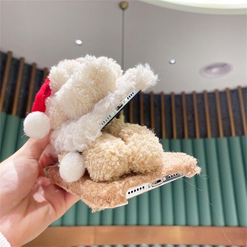Cute Fluffy Santa 3D Teddy Bear Plush Christmas Case For Iphone 13 12 11 Pro Xs Max X Xr 7 8 Plus Se3 Shockproof Soft Cover Super Soft Winter Warm Funny Rabbit Ears Faux Fur Plush Fluffy Cover