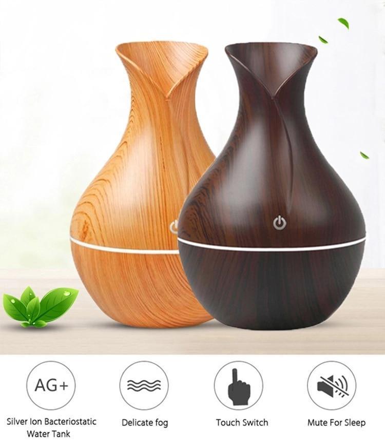 Essential Oil Diffuser 130ml Wood Grain Vase-Shaped Aromatherapy Cool Mist Humidifier With 7 Colors LED Lights & Waterless Auto Shut-Off For Home Office