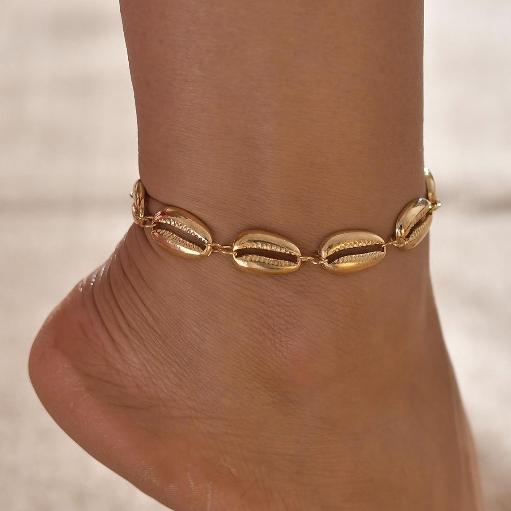 Gold Metal Shell Coconut Tree Female Anklets Barefoot Sandals Foot Summer Double Layers Foot Bracelets Leg Jewelry