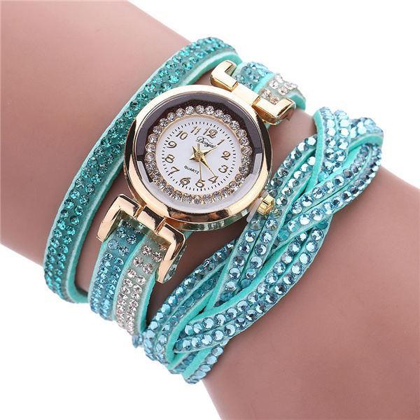 Fashion Casual Gold Quartz Women Rhinestone Watch Braided Leather Bracelet Watch Gift Ladies Wristwatch For Ladies and Women