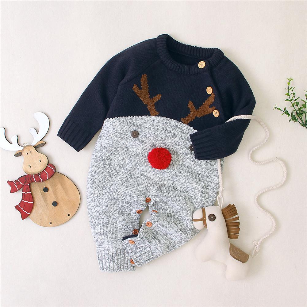 Baby Christmas Rompers Reindeer Knitted Jumpsuits Toddler Children Warm Wool Clothes 0-2Y For Boys and Girls Christmas Eve Costume