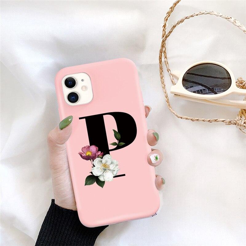 Initial Letter Silicon Phone Case For Iphone 12 Pro Max Retro Pink Flower Soft Back Cover Compatible With Iphone Case Soft Touch Cute Pink Silicone Back Cover For Iphone