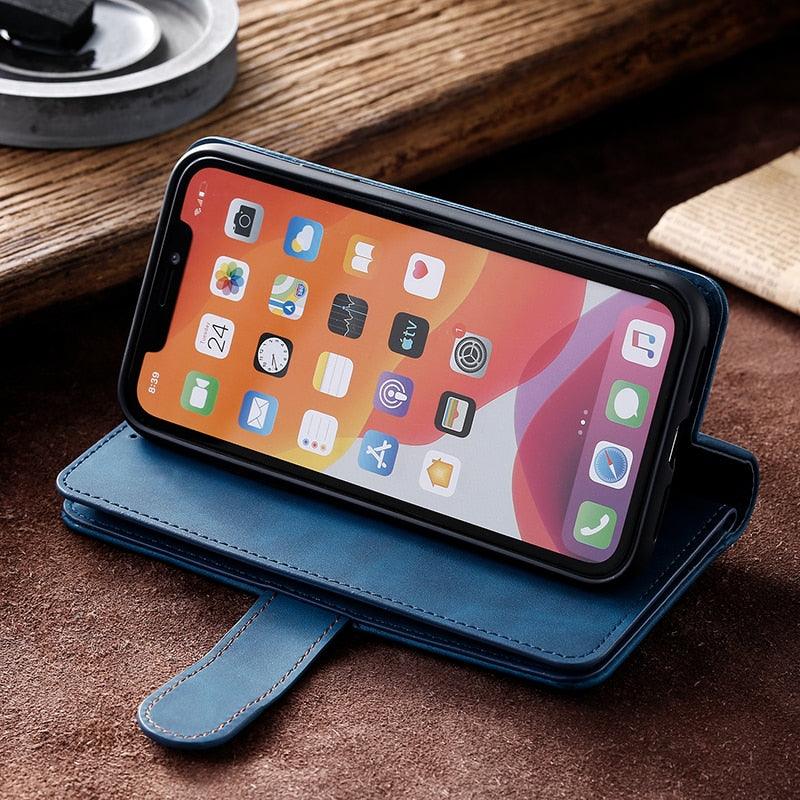 Business Blue New Cards Flip Leather Case For iPhone 14 13 12 11 Pro Max 10 X 6 6s 7 8 Plus XR XS Max Multifunctional Wallet Phone Case Multi-Card Wallet Leather iphone Case