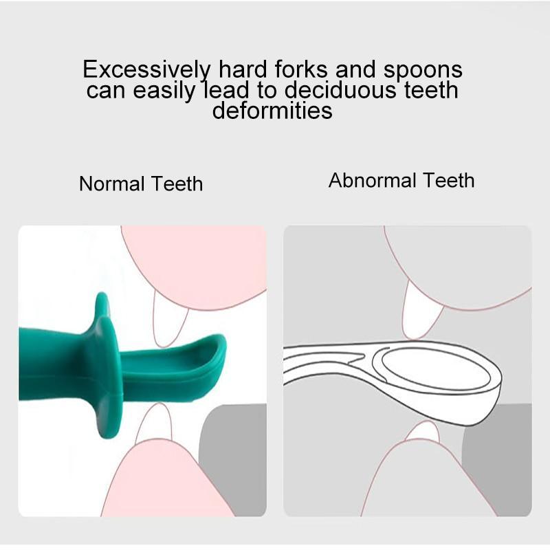 New Baby Feeding Spoon Fork Set Short Easy Cartoon Dinosaur Soft Silicone Teether Toys Non-hurt Training Tableware