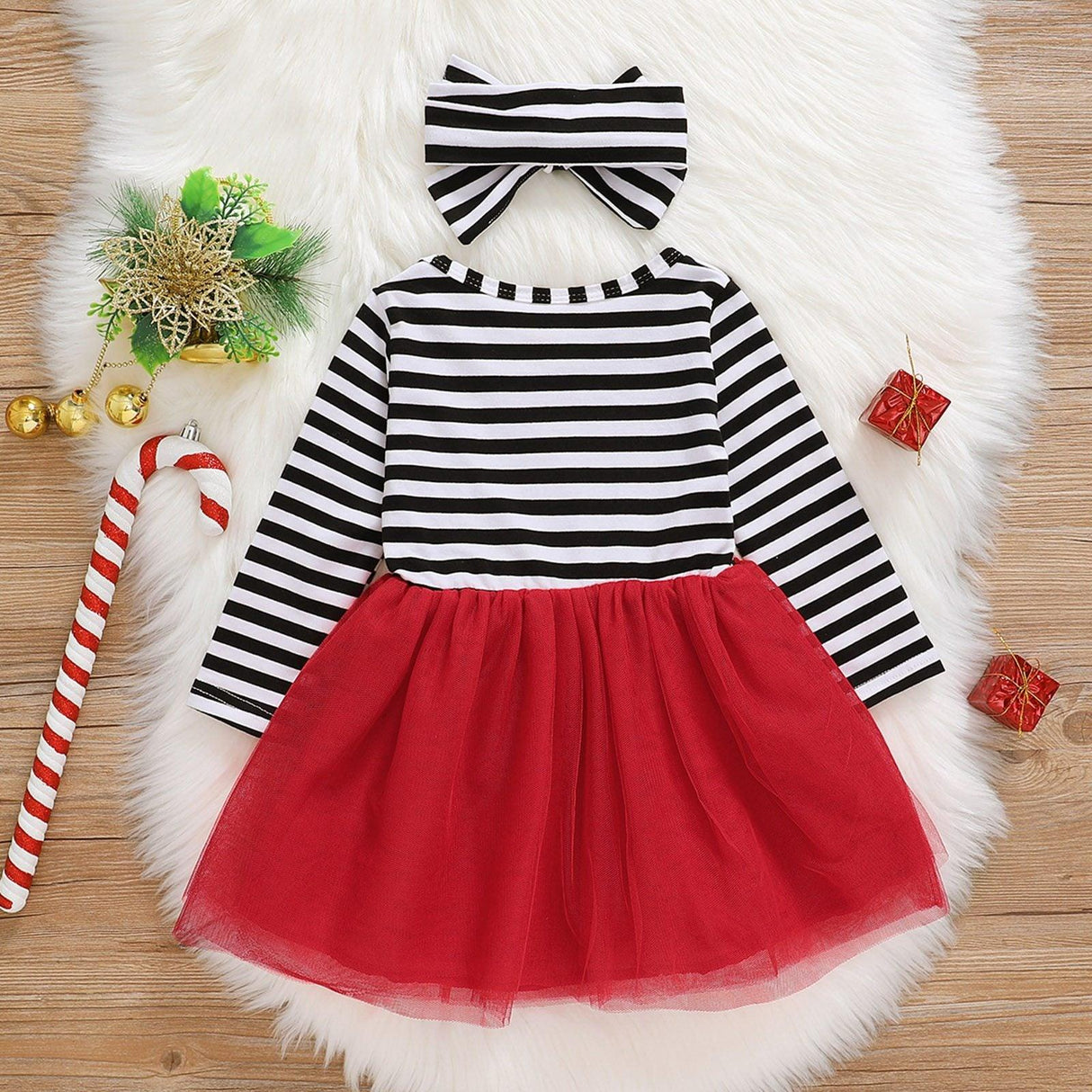 New Dress Baby Girls Christmas Santa Striped Print Dress And Headband Outfits Children