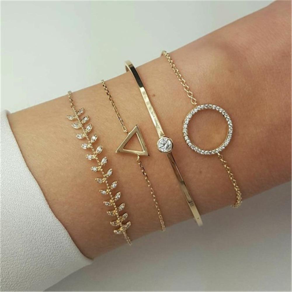Fashion Bohemia Leaf Round Knot Cuff Bangle Gold Chain Charm Bracelet for Women Simple Geometric Bracelets Luxury Jewelry