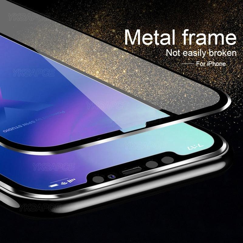 10D Curved Edge Aluminum Alloy Tempered Glass for iPhone X XS MAX 11 12 Pro Max mini 6 6S 7 8 Plus Full Cover Screen Protector Titanium Alloy Metal Edge Full Coverage Front Tempered Glass Screen Protector for iPhone