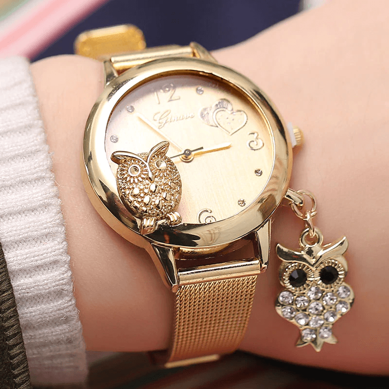 STEVVEX Gold Watch Brand Quartz Women Rose Gold Stainless Steel Mesh Belt Ladies Wristwatch Female Clock Owl (Gold) For Women and Girls