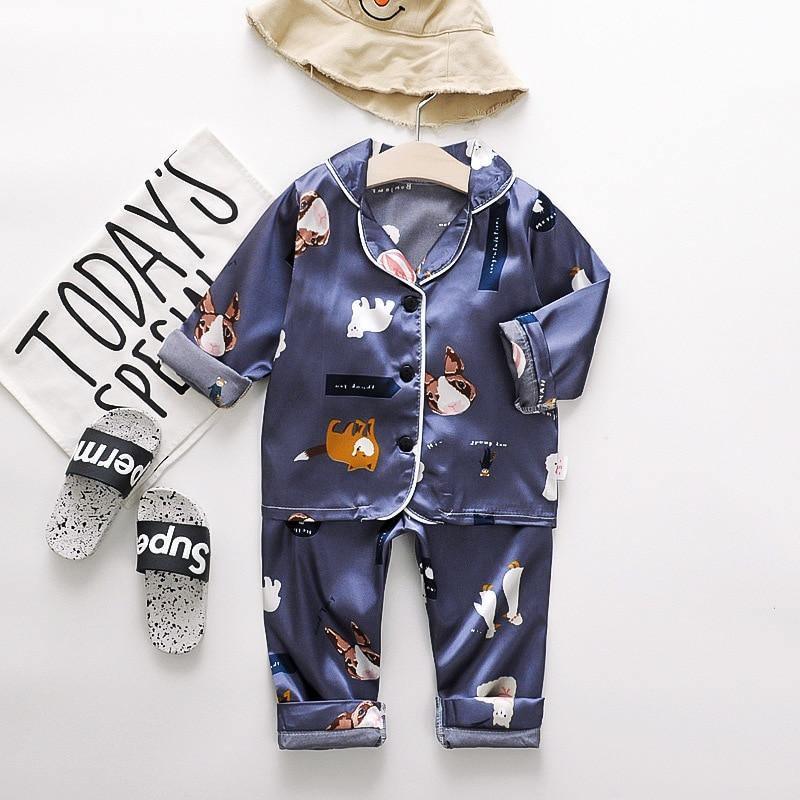 Luxury Modern Children's Pajamas Set Baby Suit Toddler Boys and Girls Ice Silk Satin Cartoon Printing Tops Pants Set Home Wear pajams for Kids