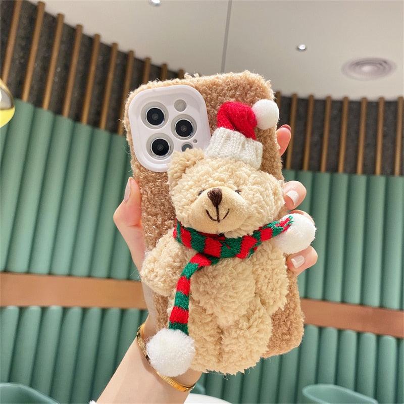 Cute Fluffy Santa 3D Teddy Bear Plush Christmas Case For Iphone 13 12 11 Pro Xs Max X Xr 7 8 Plus Se3 Shockproof Soft Cover Super Soft Winter Warm Funny Rabbit Ears Faux Fur Plush Fluffy Cover