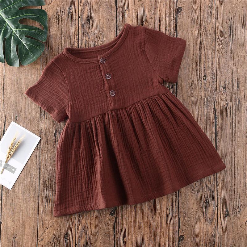 Kids Summer Cotton Linen Dress with Plain Short sleeve Party A-line dress For Small Girls 1-3 Years