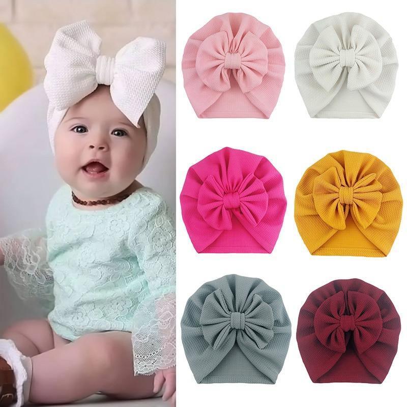 Handamde Elegant Baby Hats for Girls Big Bow Turban Hat Newborn Baby Beanie Cap Solid Color Style