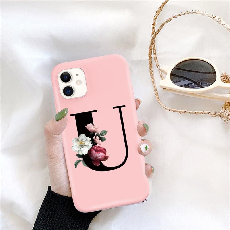 Initial Letter Silicon Phone Case For Iphone 12 Pro Max Retro Pink Flower Soft Back Cover Compatible With Iphone Case Soft Touch Cute Pink Silicone Back Cover For Iphone