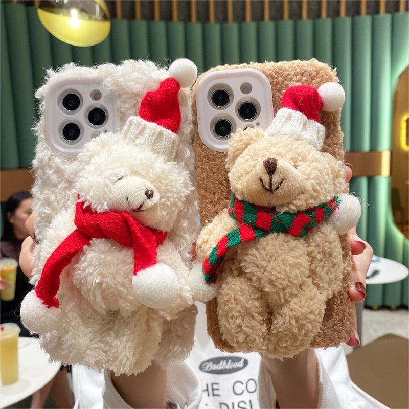 Cute Fluffy Santa 3D Teddy Bear Plush Christmas Case For Iphone 13 12 11 Pro Xs Max X Xr 7 8 Plus Se3 Shockproof Soft Cover Super Soft Winter Warm Funny Rabbit Ears Faux Fur Plush Fluffy Cover