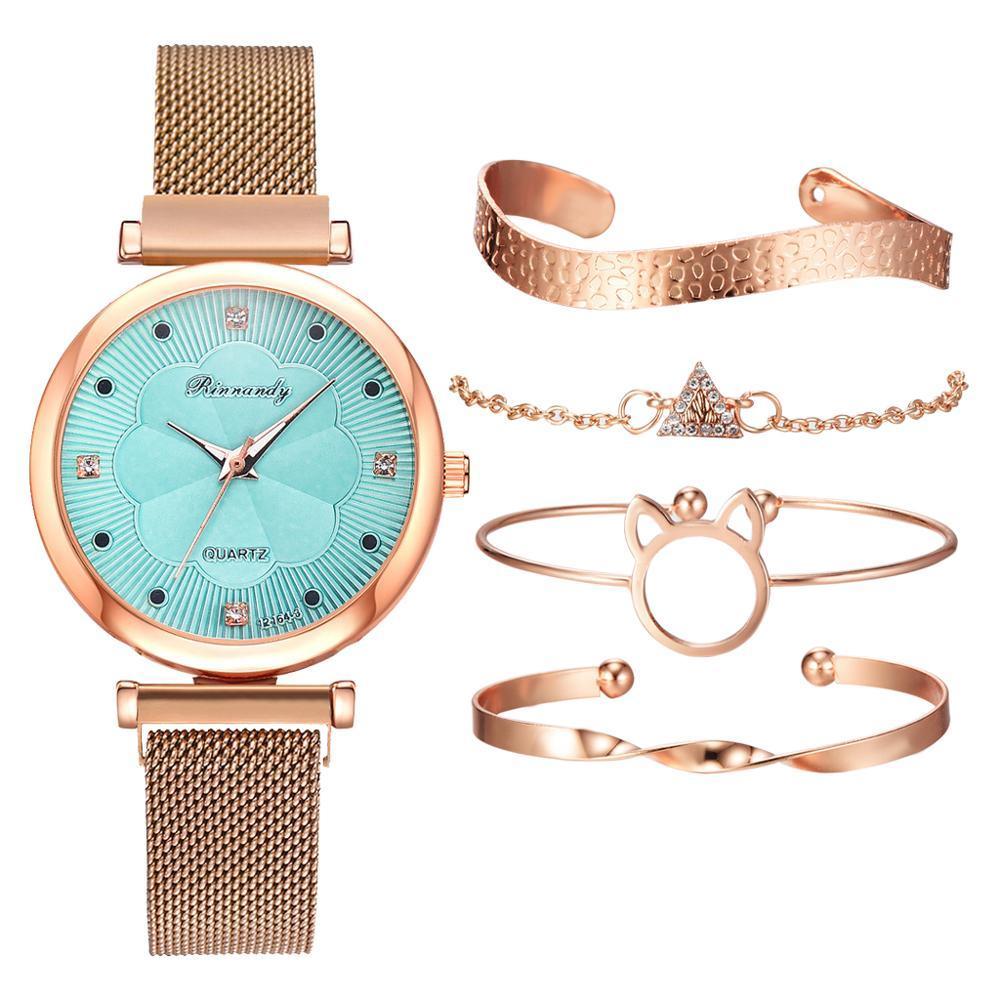 Fashion Set Women Watches Luxury Magnet Buckle Flower Rhinestone Watch Ladies Quartz Wrist Watch WIth Bracelet In Set For Women and Girls