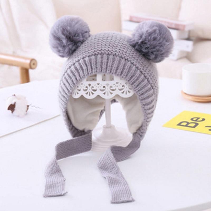 Handmade Modern Trend Winter Christmas Knitted Baby Hat Cute Double Pompom Infant Baby Boy Girl Cap Ear Protection Hats Kids Children Cap
