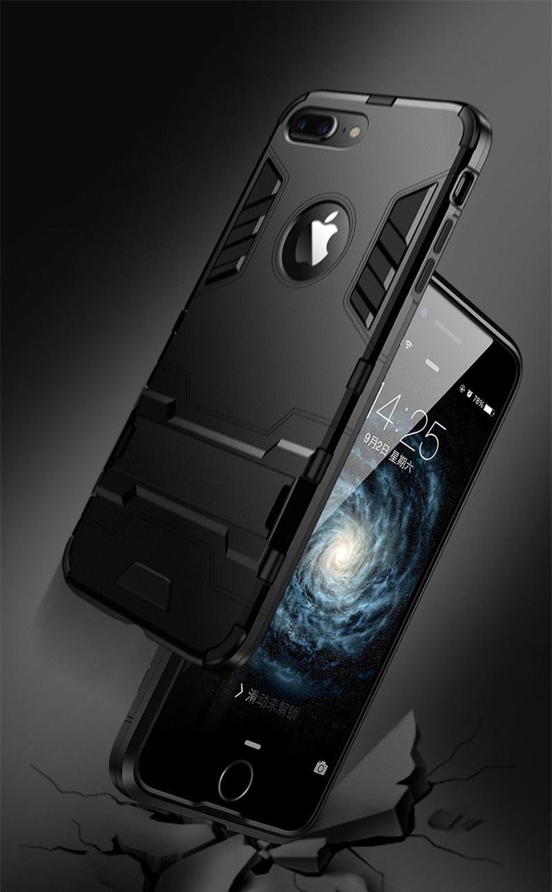 Luxury Black Cool Armor Case For iPhone 8 7 6 6S Plus 5 5s Shockproof Case For iPhone X XS MAX XR Stand Cover Case Heavy Duty Shockproof Armor Dual Layer Protection Back Case Cover