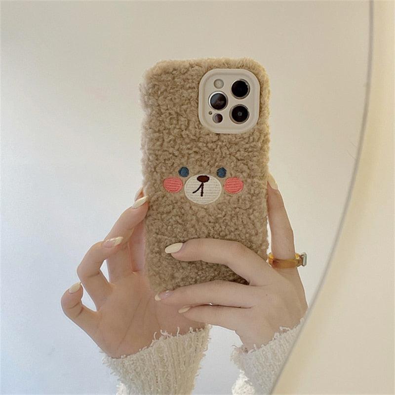 Cute Furry Fluffy Brown Bear Phone Case For iPhone 11 12 13 Pro Max 6 7 8 Plus X XS Max XR SE 2020 Winter Plush Warm Soft Cover Autumn and Winter Shockproof Full Case Cover