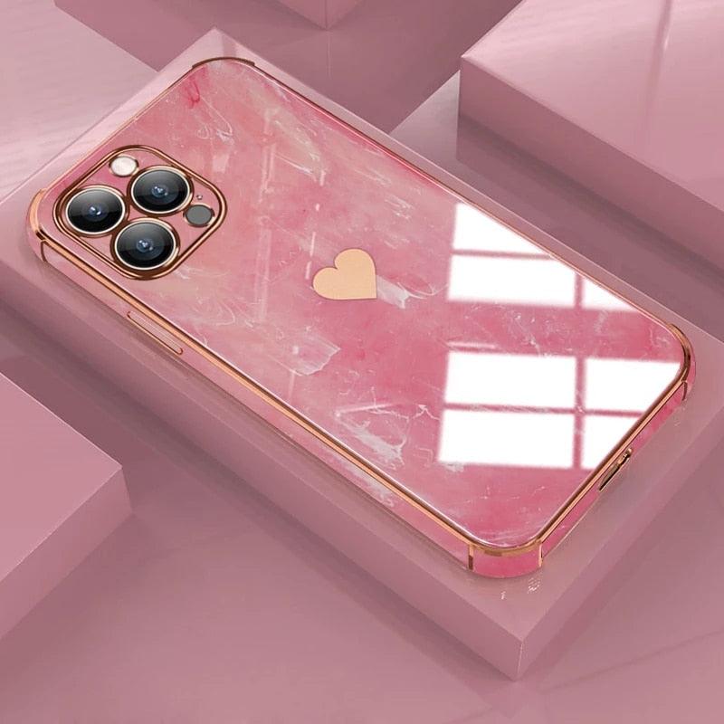 Luxury Shockproof Soft Case For iPhone 13 12 11 Pro Max XS XR X R 8 7 Plus iPhone12 12Pro iPhone11 Marble Texture Covers Luxury Love Phone Case Cute Side Small Heart Pattern Soft Shockproof Full Lens Case for iPhone
